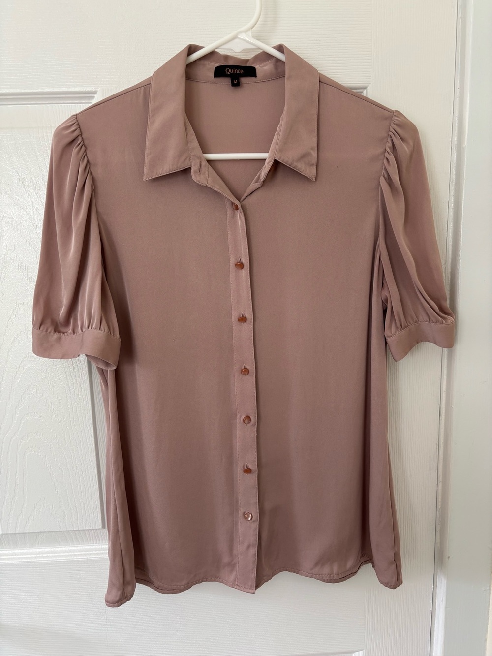 Quince Washable Stretch Silk Puff Sleeve Blouse in Vintage Pink Medium